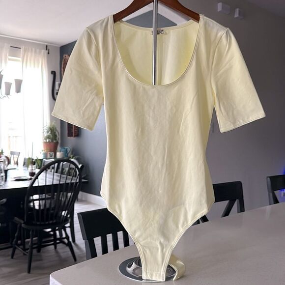 NWOT Free People High Noon Bodysuit Yellow Short Sleeves Scoop Neck S Cotton - Picture 12 of 15